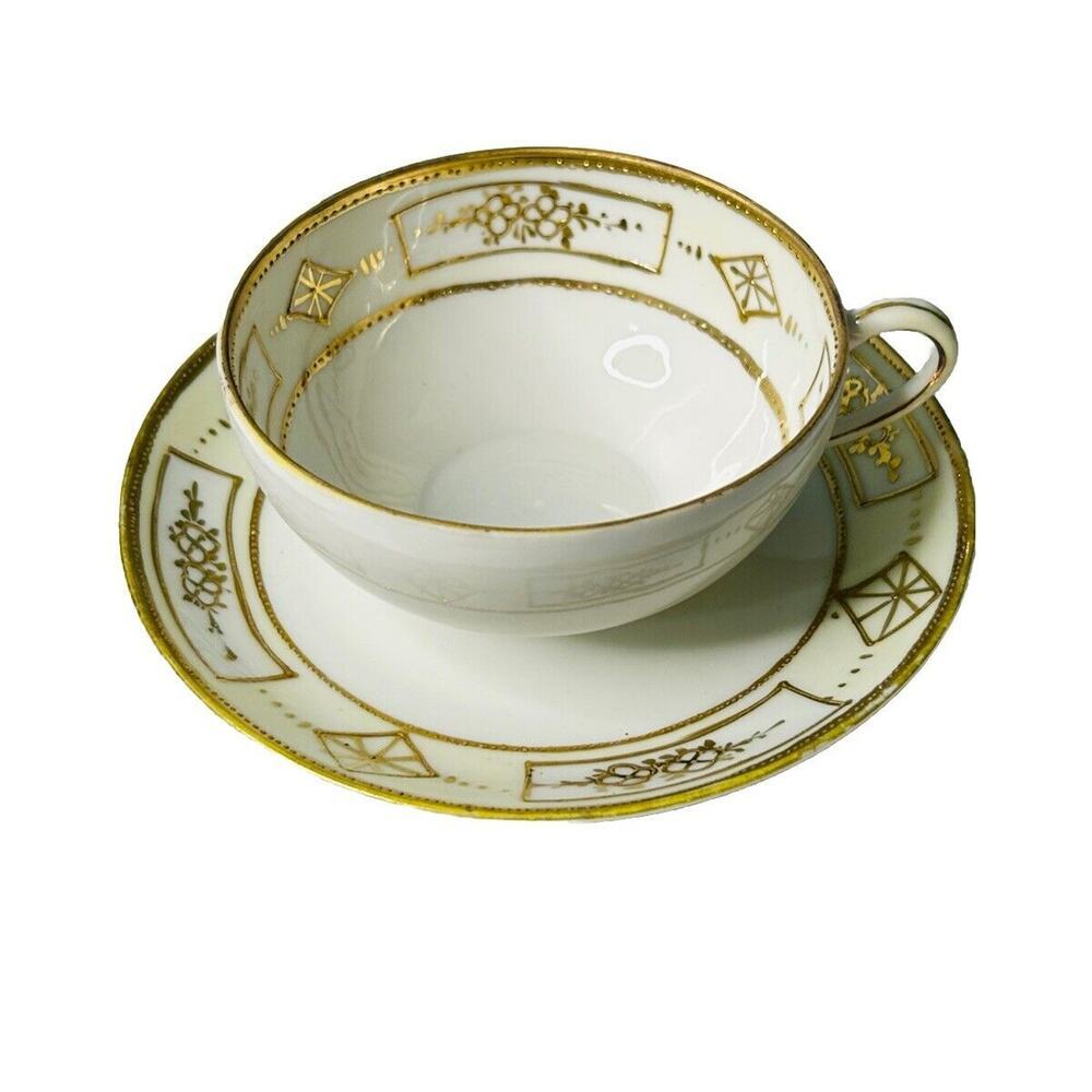 Vintage Hand Painted Nippon Japan Tea Cup & Saucer Gold Flowers Diamonds Teacup